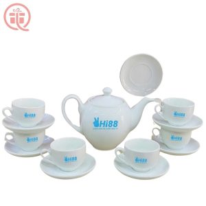 Bộ Ấm Trà In Logo Hi88 Quà Tặng Bát Tràng Dáng Bưởi Trắng Trơn ACILGBT96
