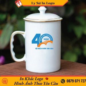 Ca sứ Bát Tràng men trắng chỉ vàng cao cấp In logo Hội Ngộ 40 Năm LSBTILG47
