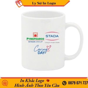 Ca sứ Minh Long trắng trơn quai tròn in logo Stada - Caring Day - Pymepharco LSMLILG50