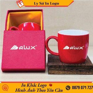 Cốc cafe sứ Bát Tràng men Đỏ in logo Alux LSBTILG43