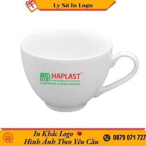 Cốc sứ quai vuông có đĩa kê Bát Tràng trắng in logo GFT Group LSBTILG41