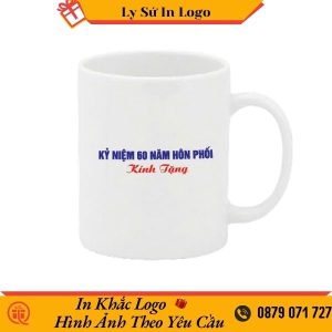 Ly sứ Minh Long trắng quai tròn Jasmine In logo kỷ niệm 60 năm phân bón LSMLILG54