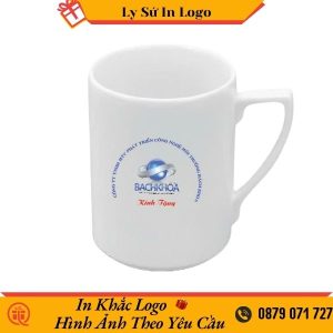 Ly sứ Minh Long trắng tinh tế thon quai số 7 0.33L Jasmine in logo CTY môi trường bách khoa LSMLILG46