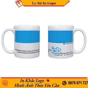 Ly sứ Minh Long trắng trơn quai tròn in logo ICSB Viet Nam LSMLILG51