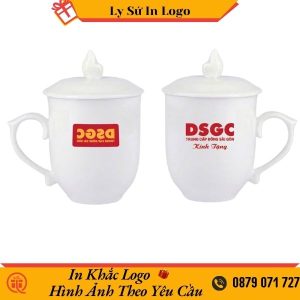 Ly tách trà trắng chóp lửa in logo DSGC Trung Cấp Đông Sài Gòn LSILG31