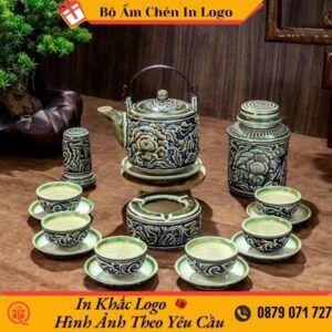 bộ ấm chén khắc nổi in logo
