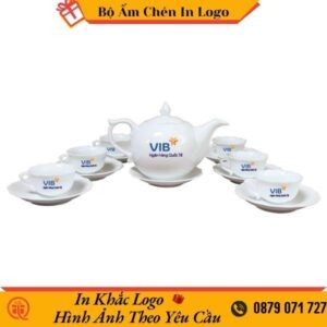 bộ ấm chén trà gốm sứ trắng in logo